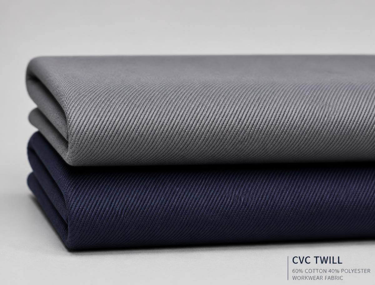 Folded grey and navy CVC cotton-polyester twill workwear fabric showing diagonal weave texture
