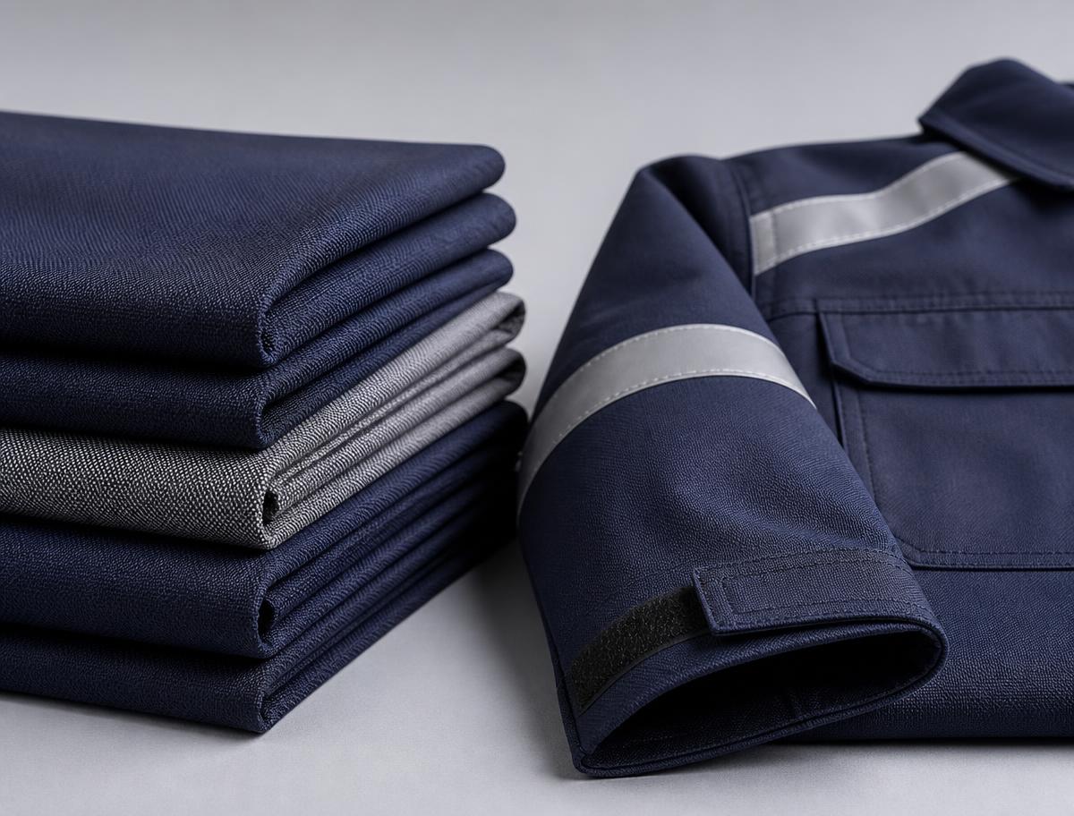 Navy industrial workwear fabric folded beside a finished workwear jacket with reflective tape