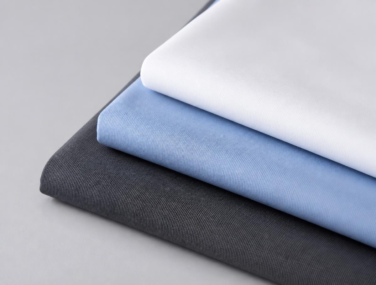 Layered office uniform fabric swatches in charcoal, light blue and white business shades