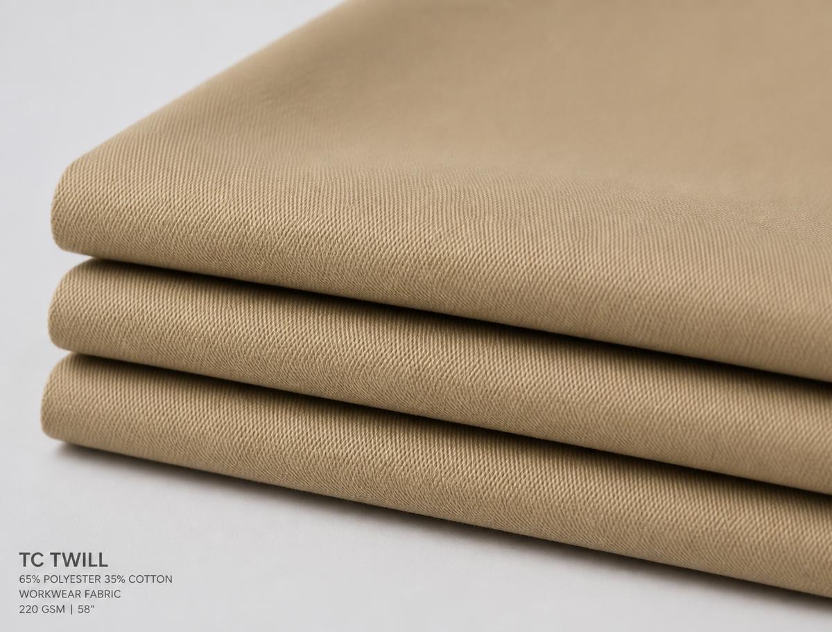 Folded khaki TC polyester-cotton workwear twill fabric