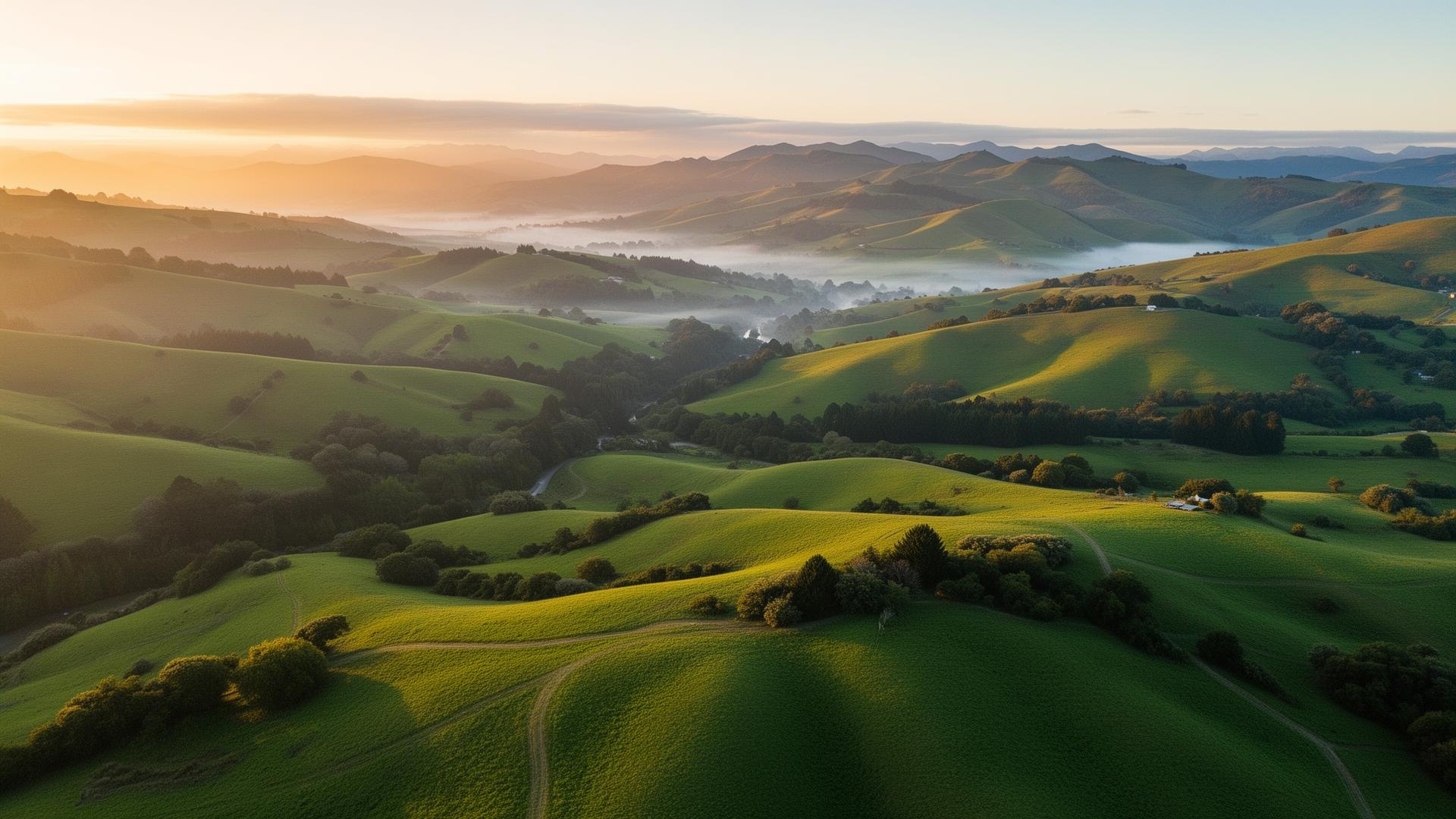 Aerial view of rolling green hills in New Zealand at sunrise